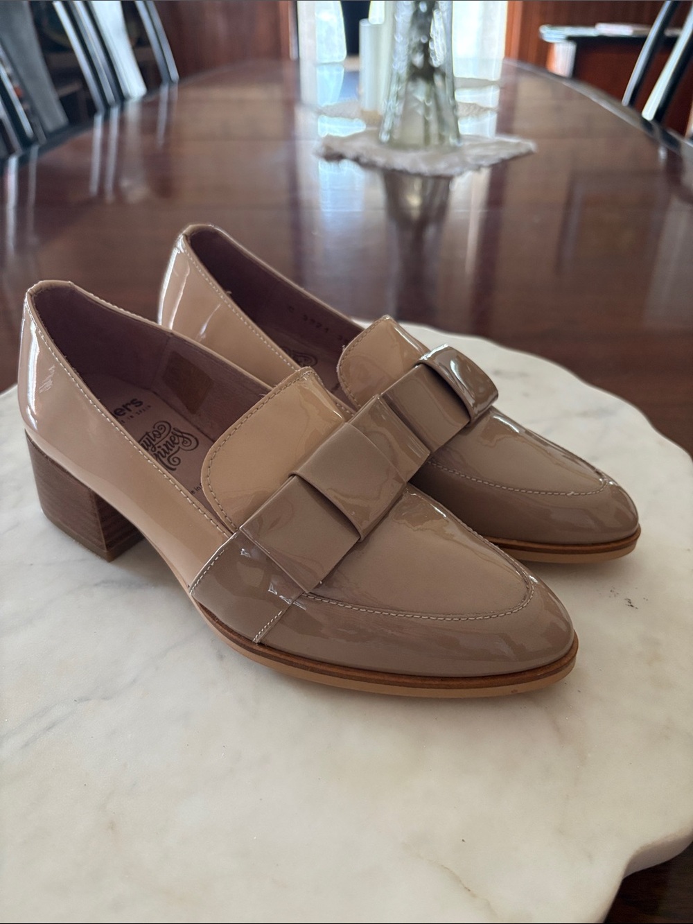 Women’s Patent Leather Block Heel Loafers in Taupe